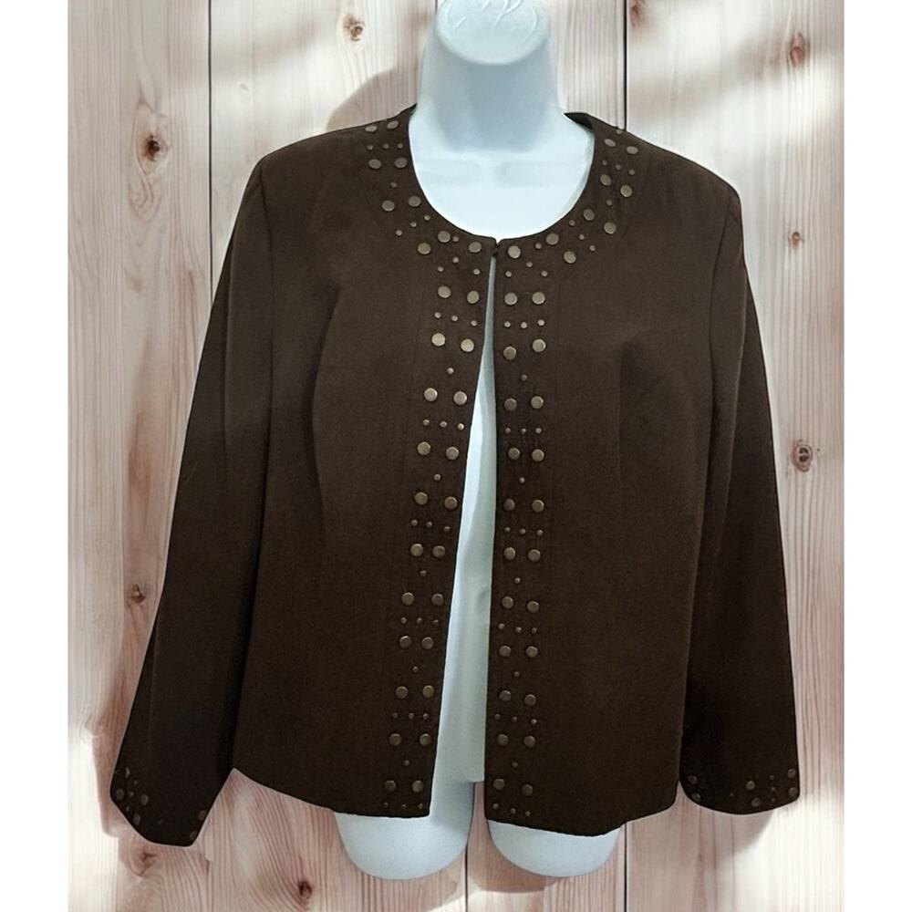 Frenz By Theresa Renz Brown Faux Suede Jacket Sz M Studded Open Cowboy Western